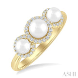 1/6 Ctw Past, Present & Future 4MM & 5MM Cultured Pearl and Round Cut Diamond Halo Ring in 14K Yellow Gold