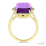 22x10 MM Emerald Cut Amethyst and 0.80 MM Round Sapphire & 1/4 Ctw Round Cut Diamond Halo Precious & Semi-Precious Ring in 14K Yellow Gold
