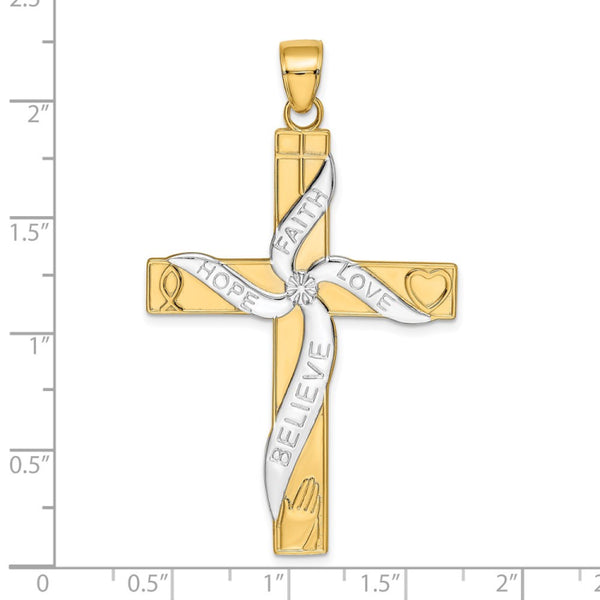 14K and White Rhodium Large HOPE FAITH LOVE BELIEVE Cross Pendant ...