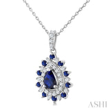 6X4 MM Pear Cut & 1.55 MM Round Cut Sapphire and 1/4 Ctw Round Cut Diamond Floral Precious Pendant With Chain in 14K White Gold