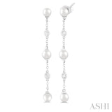 4 MM Round Shape Cultured Pearl and 1/20 Ctw Round Cut Diamond Station Long Earring in 14K White Gold