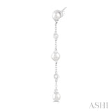 4 MM Round Shape Cultured Pearl and 1/20 Ctw Round Cut Diamond Station Long Earrings in 14K White Gold