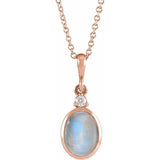 14K Rose Gold 6x4 mm Natural Rainbow Moonstone & .015 CT Natural Diamond 16-18" Necklace