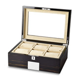 Luxury Giftware by Jere High Gloss Ebony Veneer Beveled Glass Lid Locking Wooden 6-Watch and Jewelry Box