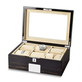 Luxury Giftware by Jere High Gloss Ebony Veneer Beveled Glass Lid Locking Wooden 6-Watch and Jewelry Box