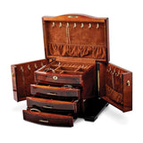 Luxury Giftware by Jere High Gloss Poplar Veneer w/Burlwood Inlay 3-drawer with Swing-out Sides Locking Wooden Jewelry Chest