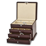 Luxury Giftware Matte Mahogany Finish Poplar Veneer 3-drawer w/Hidden Storage Locking Wooden Jewelry Chest