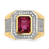 14k w/Rhodium CZ & Emerald-cut Red CZ Mens Ring