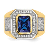 14k w/ Rhodium CZ & Emerald-cut Blue CZ Mens Ring