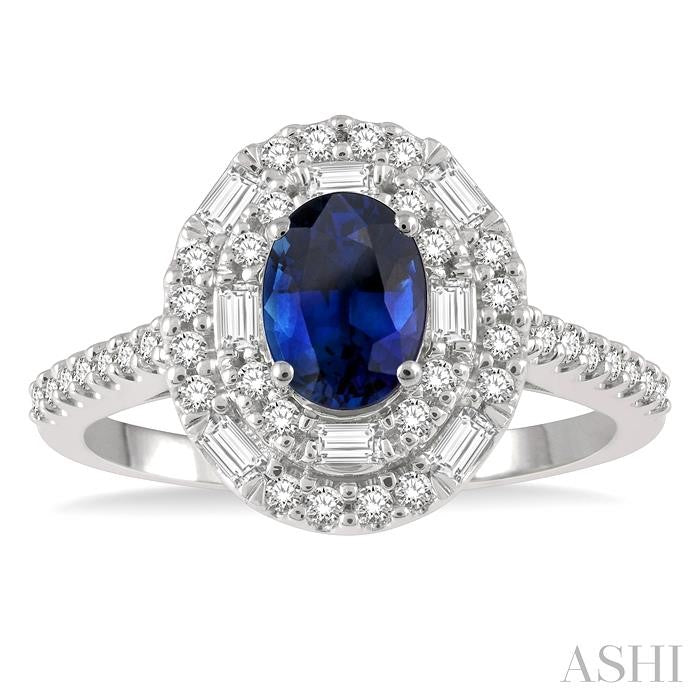 Oval Shape Gemstone & Baguette Halo Diamond Ring