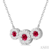 5/8 ctw Tri Stone 3.80MM & 3MM Ruby and Round Cut Diamond Precious Necklace in 14K White Gold