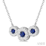 5/8 ctw Tri Stone 3.80MM & 3MM Sapphire and Round Cut Diamond Precious Necklace in 14K White Gold