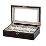 Luxury Giftware High Gloss Ebony Finish Veneer Beveled Glass Lid Locking Wooden 10-Watch Case