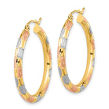 14k w/ White and Rose Rhodium Polished Satin Diamond-cut Hoop Earrings